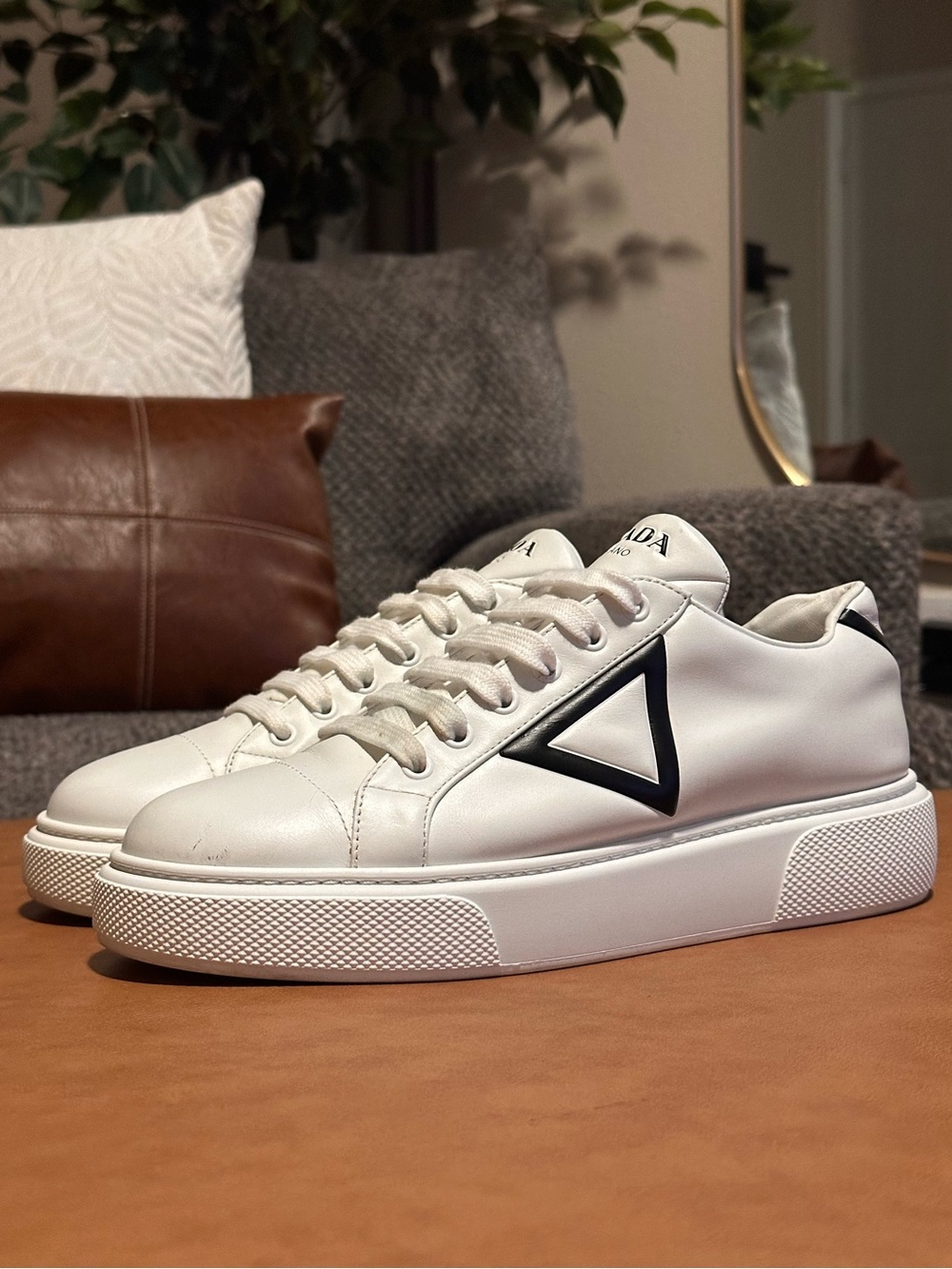 Prada Milano Triangle Logo White Black Leather Platform Sneakers EU 39.5 US 9.5 - Picture 2 of 8
